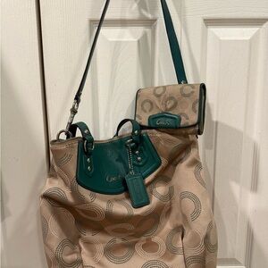 Coach Ashley Beige and Green Women's Bag and Wallet Set